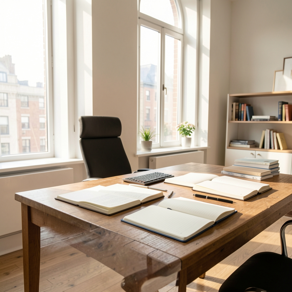 Bright editorial office interior with wooden desk, open notebooks, morning light falling through tall windows, calm working atmosphere