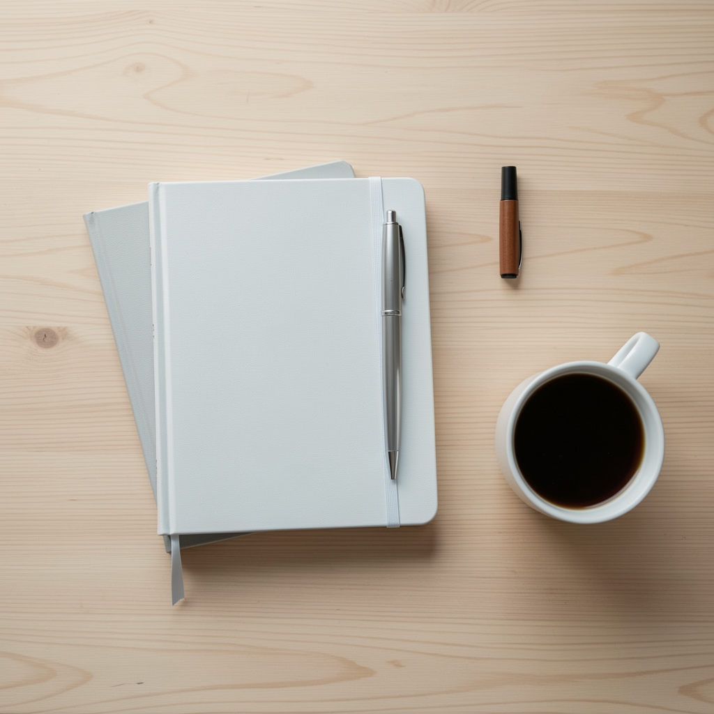 Editorial flat lay of notebooks, pen, and a cup of coffee on a clean wooden surface, soft natural light, minimalist composition