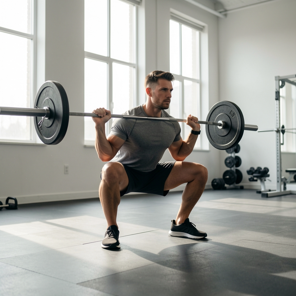 Man performing a barbell squat in a well-lit minimalist gym, focused posture, early morning natural light through high windows
