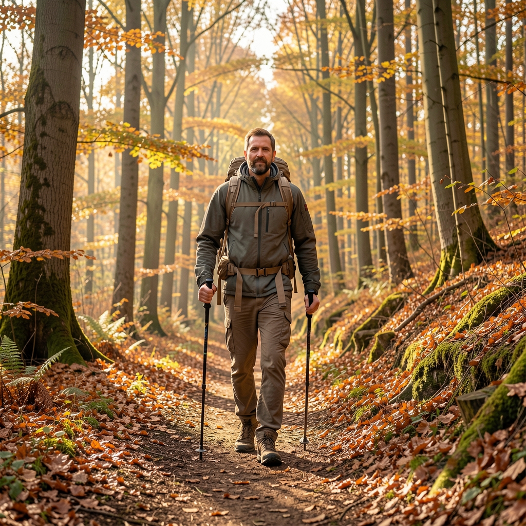 Man hiking on a forest trail in Belgium on a crisp autumn morning, light filtering through deciduous trees